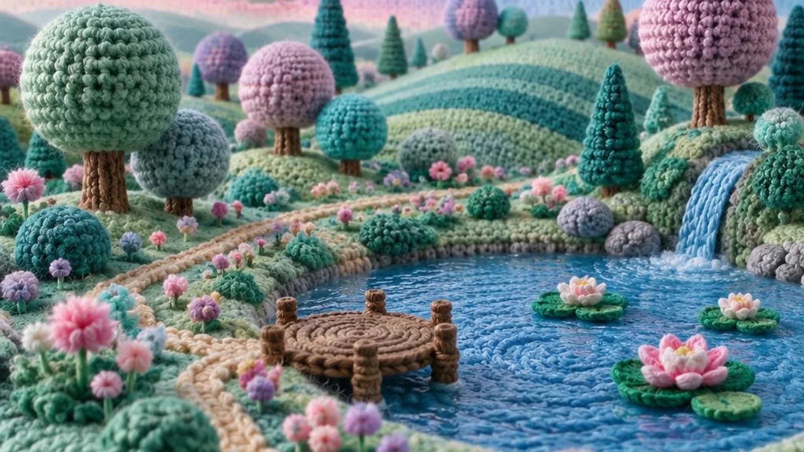 Bosque Redondo tejido a crochet: colinas de lana, árboles redondos, una laguna y una aurora de hilo
